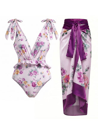 Lavendeler 70er Badeanzug & Cover-Up mit Blumen und Asymmetrisch
