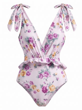 Lavendeler 70er Badeanzug & Cover-Up mit Blumen und Asymmetrisch