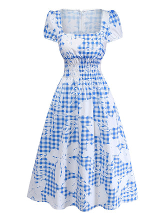 Blaues 40er Midikleid mit Eckiger Ausschnitt und Blumen