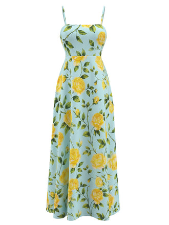 Hellblaues & Gelbes 40er Midikleid mit Spaghettiträger
