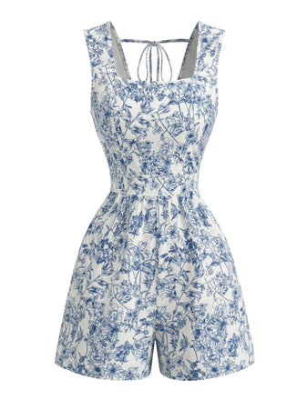 Blauer 50er Ärmelloses Romper mit Eckiger Ausschnitt und Blumen