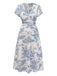 Hellblaues 50er Raffkleid mit Porzellan-Print und V-Ausschnitt