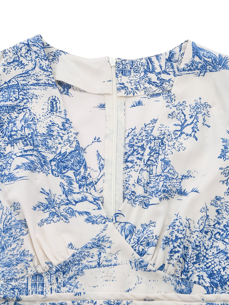 Hellblaues 50er Raffkleid mit Porzellan-Print und V-Ausschnitt