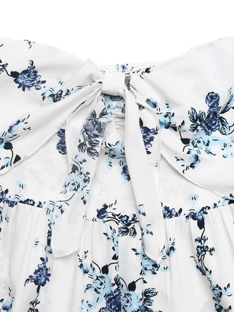 Blauer 70er Trägerloser Jumpsuit mit Blumen-Print und Breit