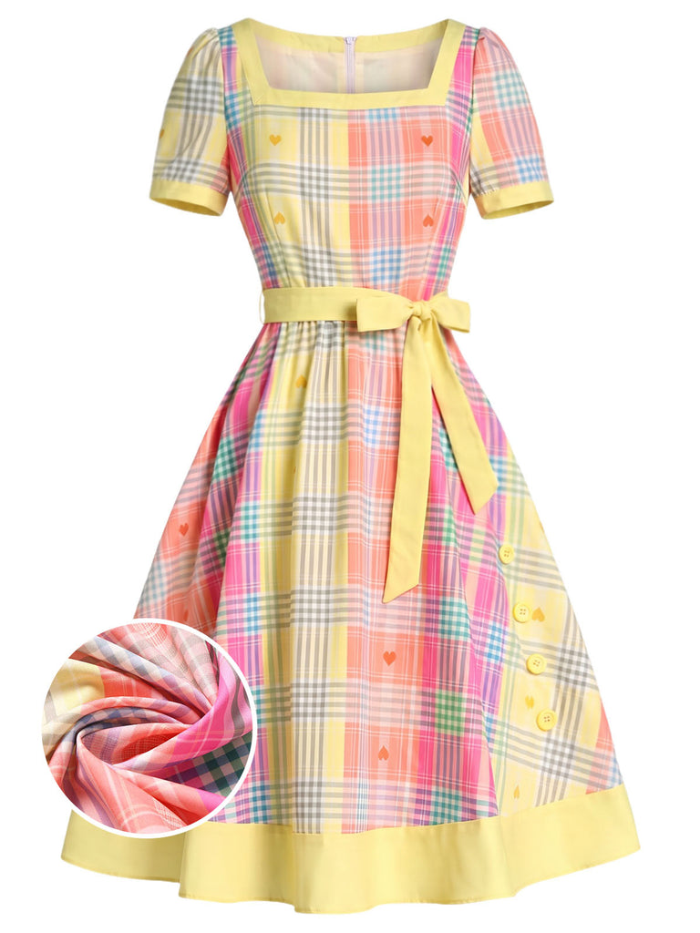 Hellgelbes 50er Kleid mit Eckiger Ausschnitt und Herz