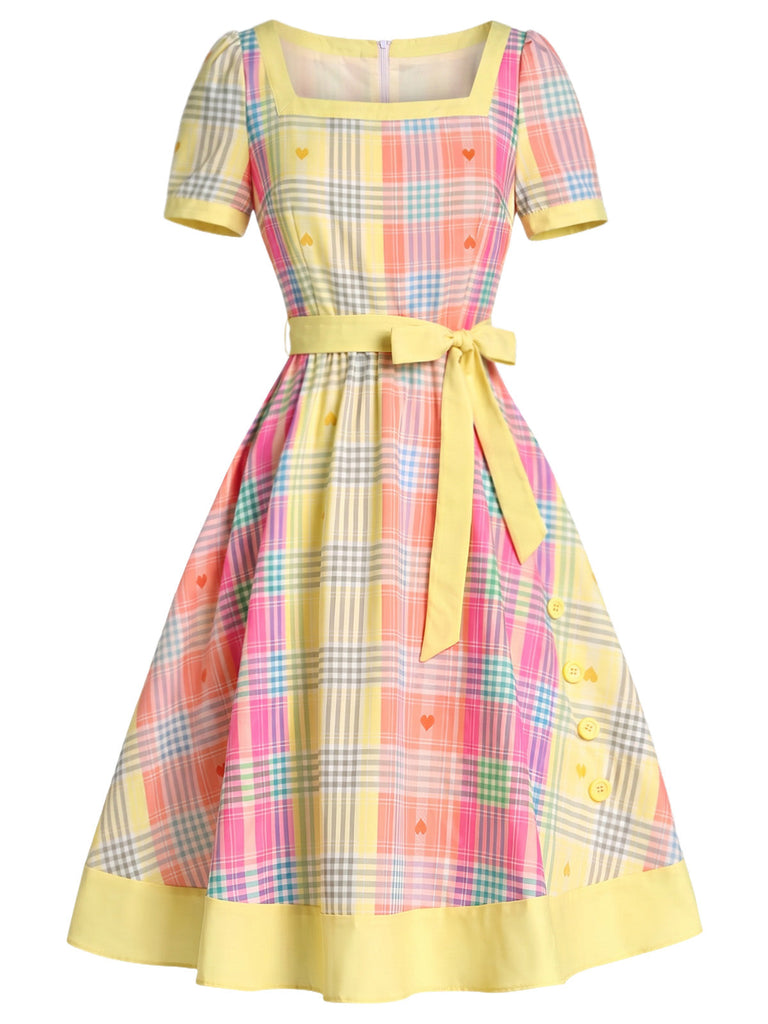 Hellgelbes 50er Kleid mit Eckiger Ausschnitt und Herz
