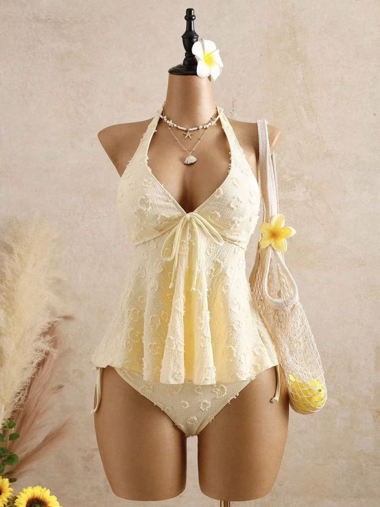 Hellgelbes Tankini-Set im Stil der 1950er Jahre mit strukturiertem Blumenmuster und tiefem V-Ausschnitt