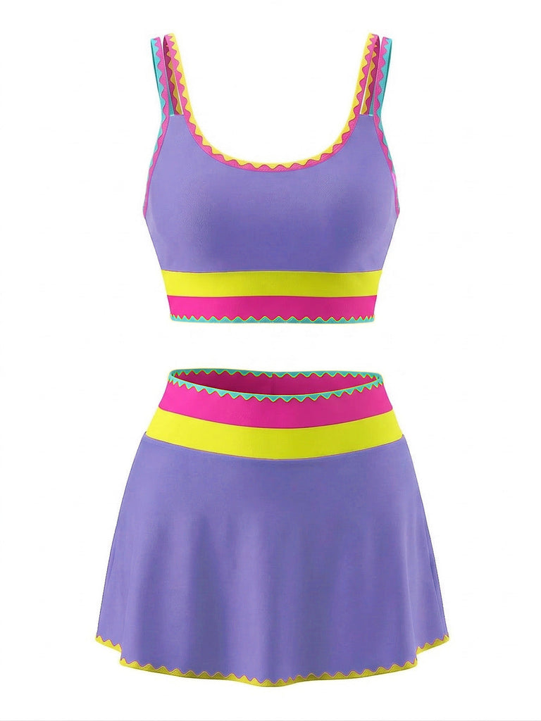 Lila 3PCS 1950er Kontrast Zickzack Besatz Tankini Set & Cover-Up