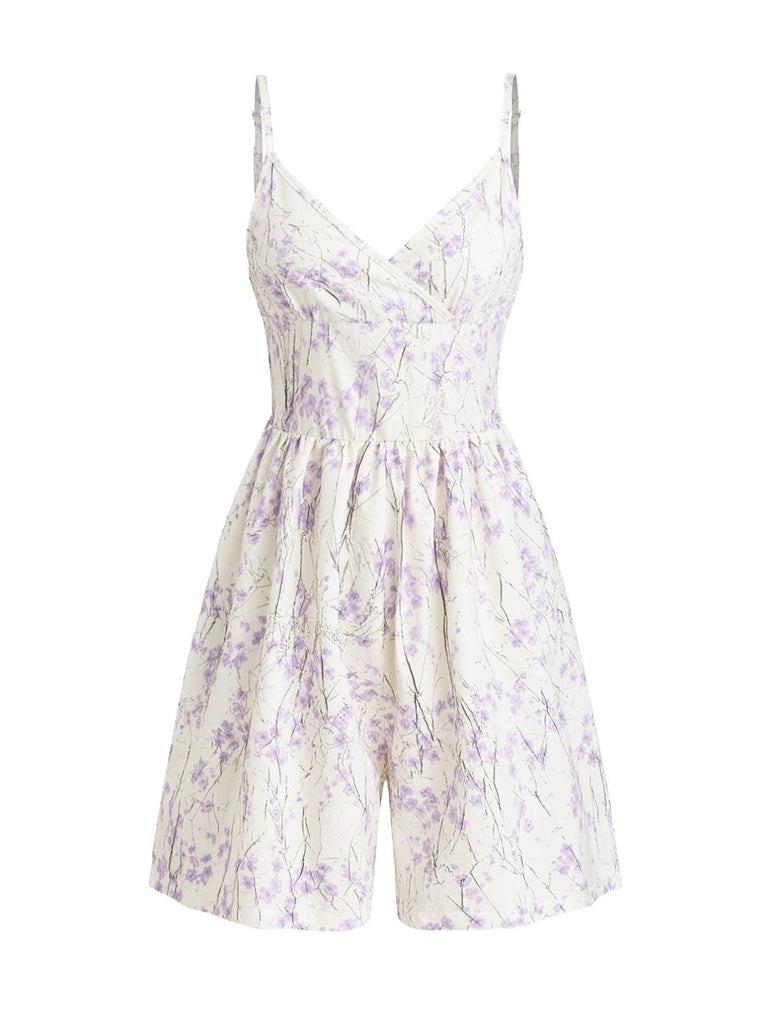 Lila 1970er Blumen Druck Spaghetti Träger Romper