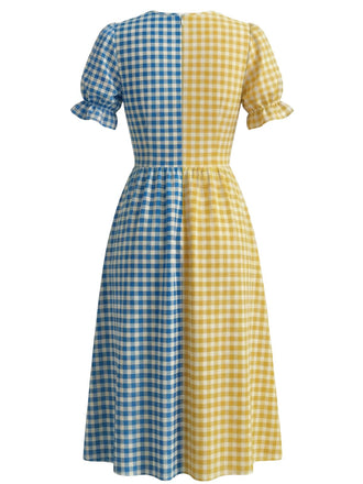 Mehrfarbig 1940er V-Ausschnitt Kariert Patchwork Swing Kleid