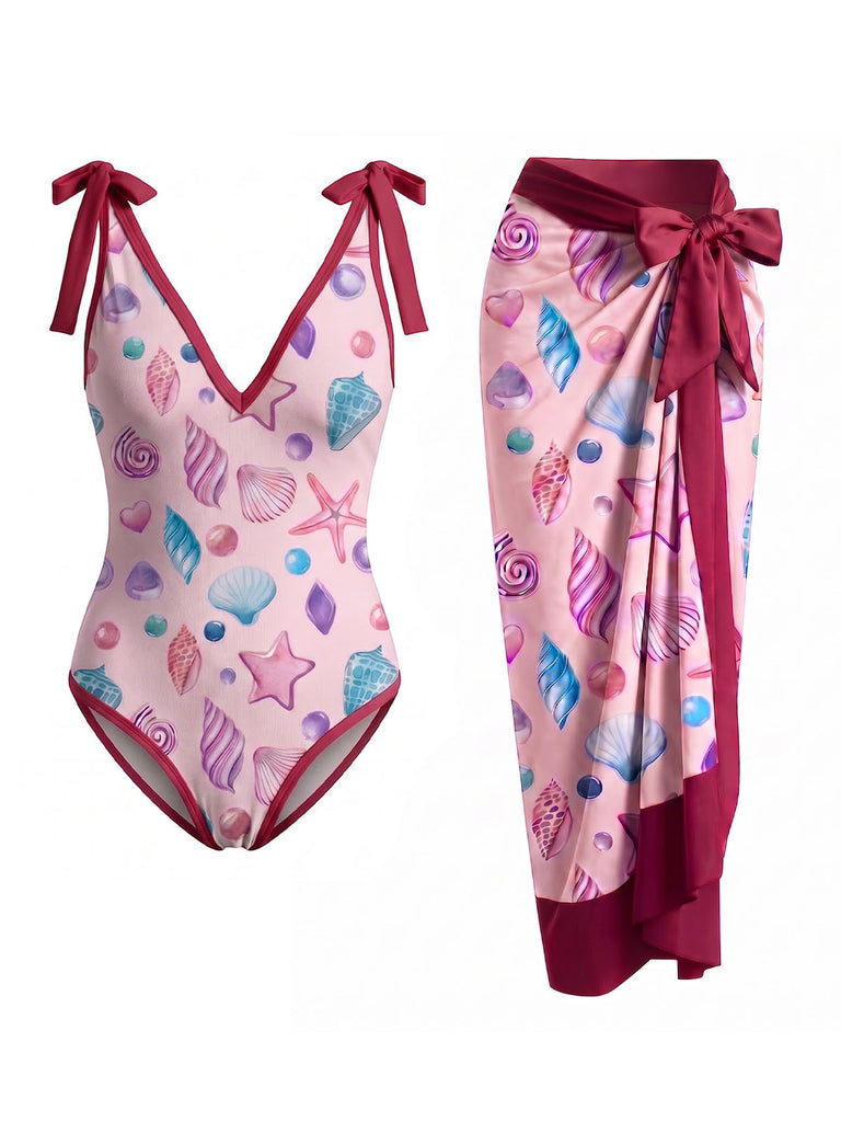 Rosa 60er Badeanzug & Cover-Up mit Print und Bindeband