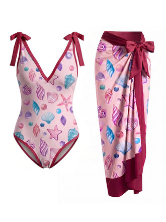 Rosa 60er Badeanzug & Cover-Up mit Print und Bindeband