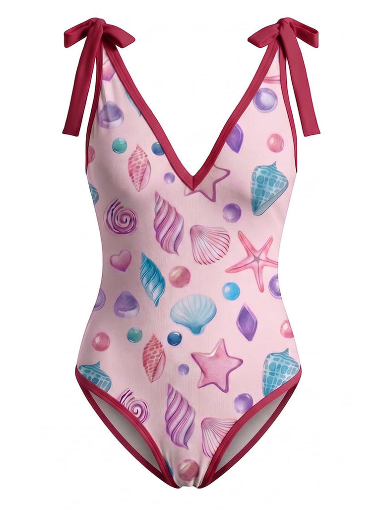 Rosa 60er Badeanzug & Cover-Up mit Print und Bindeband