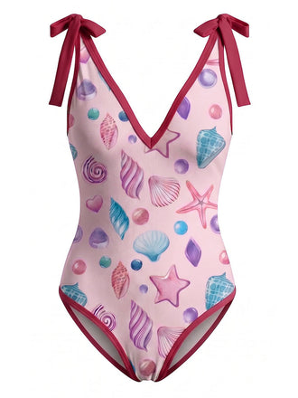 Rosa 60er Badeanzug & Cover-Up mit Print und Bindeband