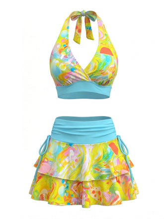 Mehrfarbig 80er Bikini-Set & Shorts mit Neckholder und Print