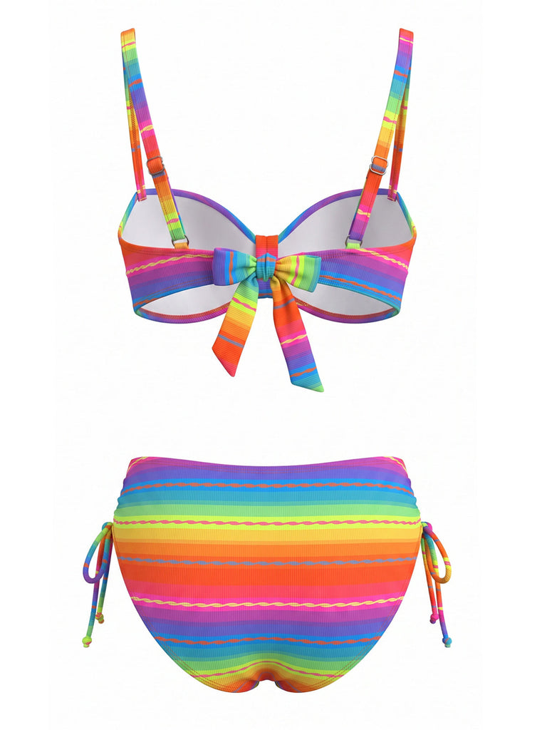 Mehrfarbiges & Regenbogen 80er Bikini-Set mit gerafft