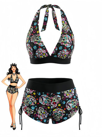 Mehrfarbiges 80er Gothic Bikini-Set mit Neckholder und Totenkopf