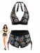 Mehrfarbiges 80er Gothic Bikini-Set mit Neckholder und Totenkopf