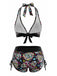 Mehrfarbiges 80er Gothic Bikini-Set mit Neckholder und Totenkopf