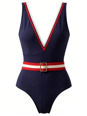 Marineblauer 40er Badeanzug mit Farbblock und Bindeband
