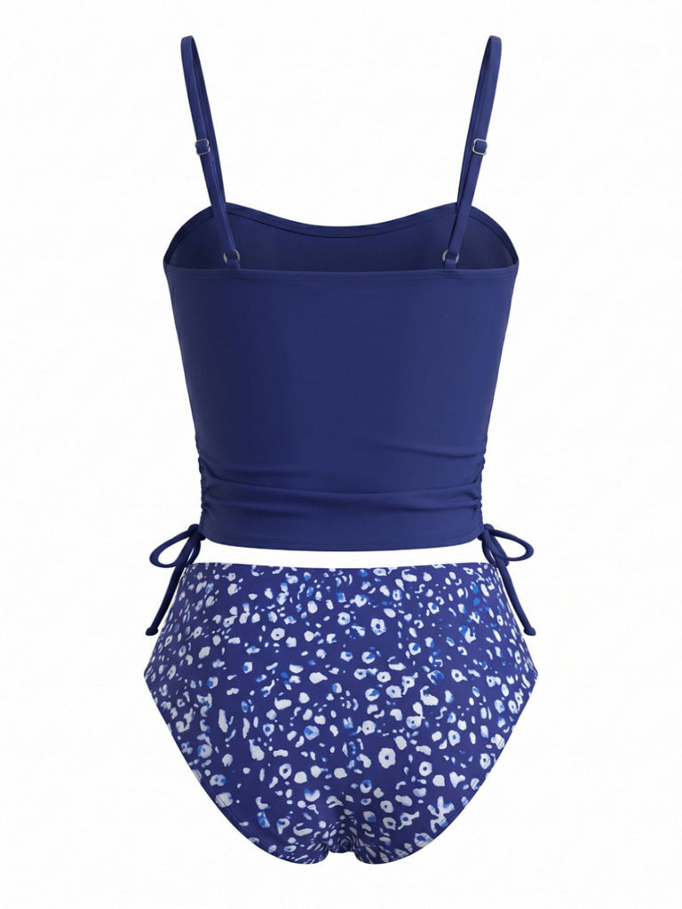 Marineblaues 50er Tankini-Set mit Blumen und Kordelzug-Taille