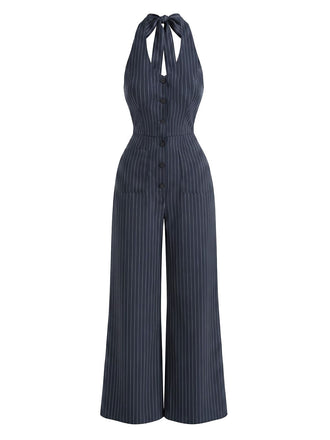 Marineblauer 50er Jumpsuit mit Neckholder und Streifen