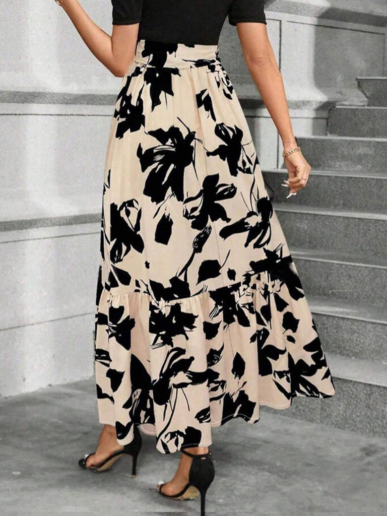 Beige 1930er Blumen Silhouette A-Line Rock