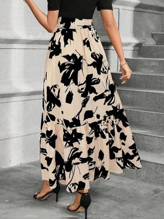 Beige 1930er Blumen Silhouette A-Line Rock