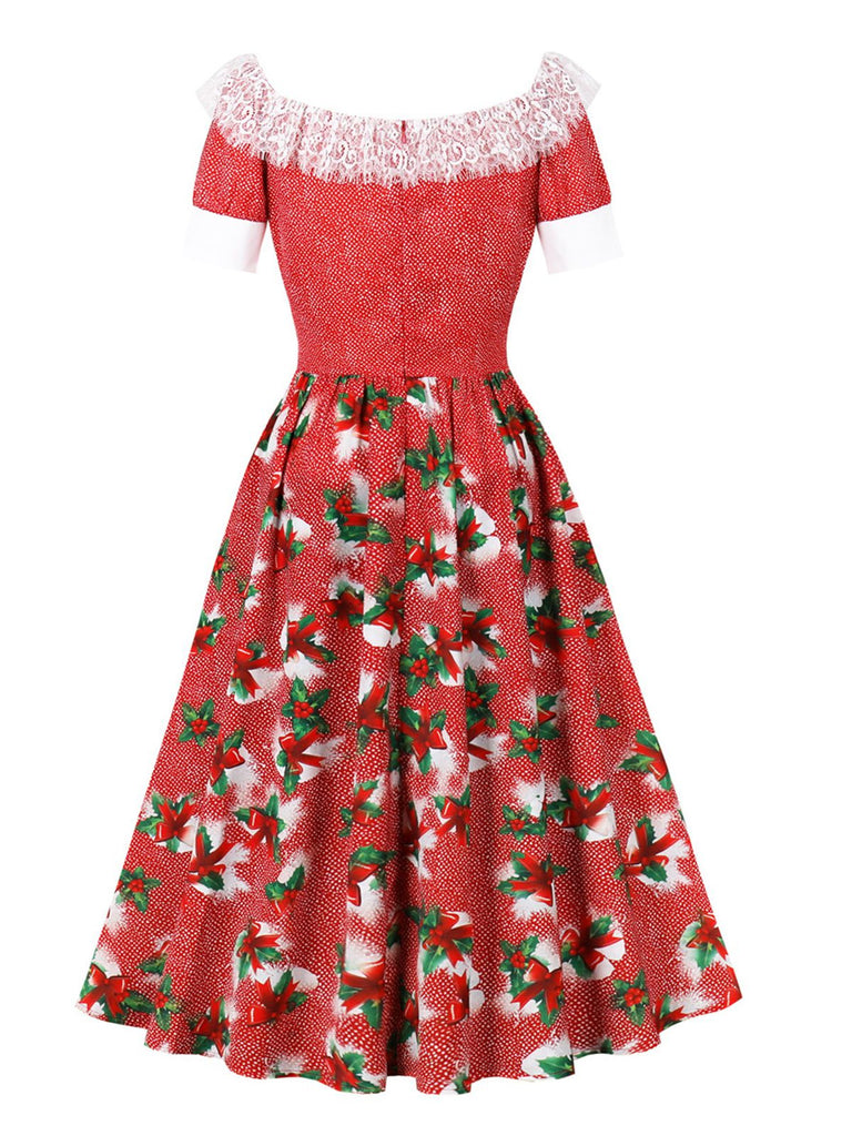 Rot 1950er Weihnachten Glocke Spitze Kleid