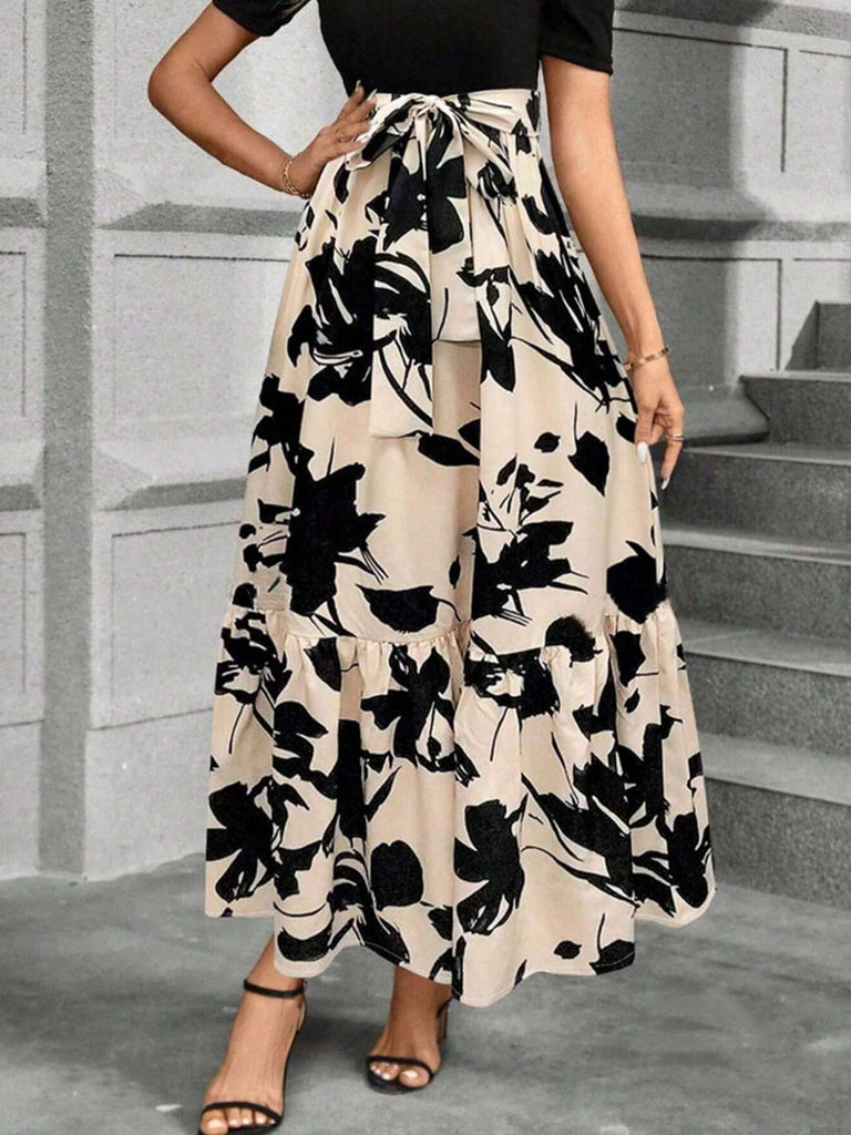 Beige 1930er Blumen Silhouette A-Line Rock