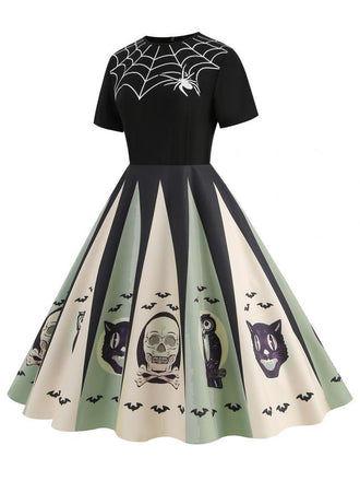 1950er Halloween Spinnennetz Druck Patchwork Kleid