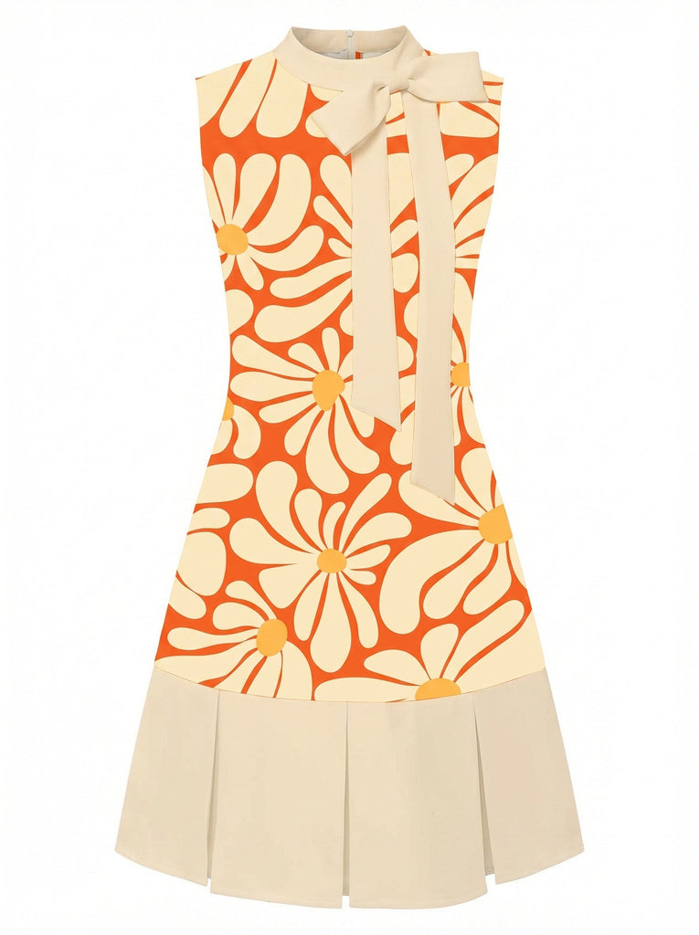Orange 60er Plisséekleid mit Stehkragen und Blumen