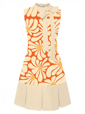 Orange 60er Plisséekleid mit Stehkragen und Blumen