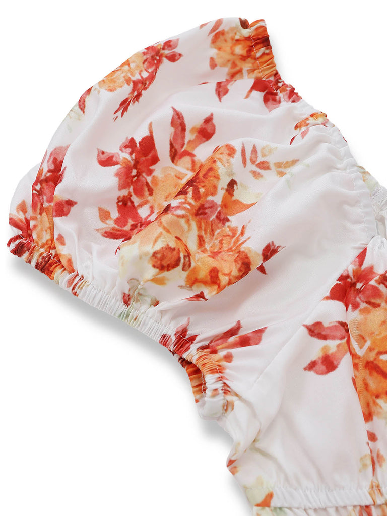 Orange 40er Kleid mit Puffärmel und Blumen