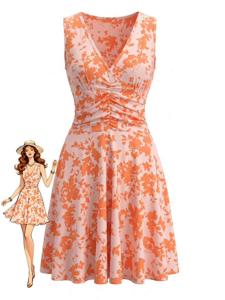 Orange 70er Ärmelloses Raffkleid mit Blumen-Print und V-Ausschnitt