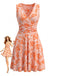 Orange 70er Ärmelloses Raffkleid mit Blumen-Print und V-Ausschnitt