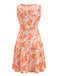 Orange 70er Ärmelloses Raffkleid mit Blumen-Print und V-Ausschnitt