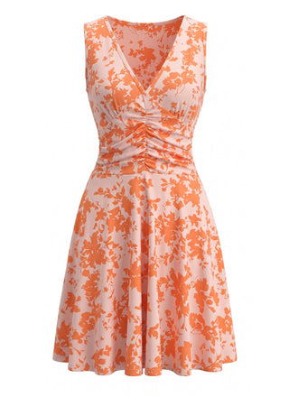 Orange 70er Ärmelloses Raffkleid mit Blumen-Print und V-Ausschnitt