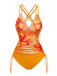 Orange 1950er V-Ausschnitt Blumen Patchwork Tankini Set