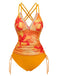 Orange 1950er V-Ausschnitt Blumen Patchwork Tankini Set