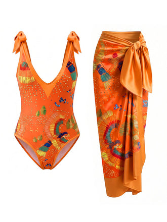 Orange 50er Badeanzug & Cover-Up mit Neckholder und Print