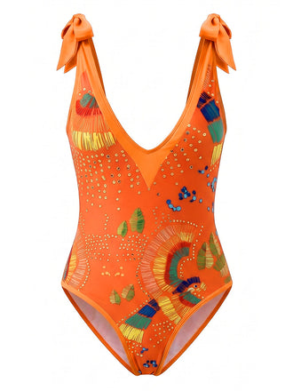 Orange 50er Badeanzug & Cover-Up mit Neckholder und Print