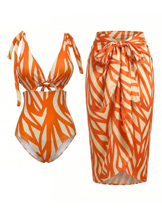 Orange 60er Badeanzug & Cover-Up mit Cut-out und Print