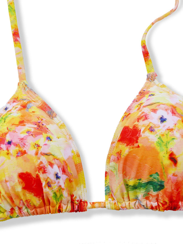 Orange 60er Netz-Bikini-Set & Cover-Up mit Neckholder und Blumen