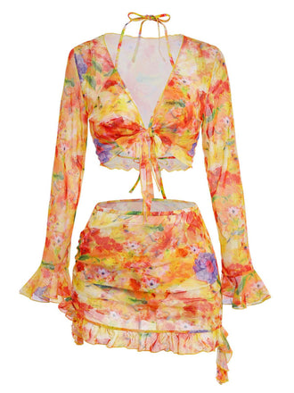 Orange 60er Netz-Bikini-Set & Cover-Up mit Neckholder und Blumen