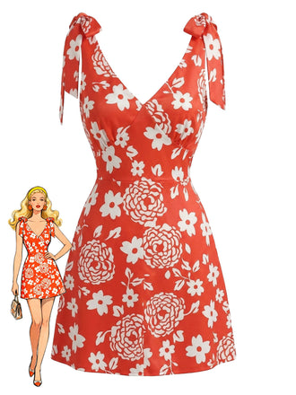 Orange 70er Minikleid mit V-Ausschnitt und Blumen