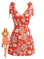 Orange 70er Minikleid mit Blumen und V-Ausschnitt