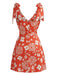 Orange 70er Minikleid mit V-Ausschnitt und Blumen