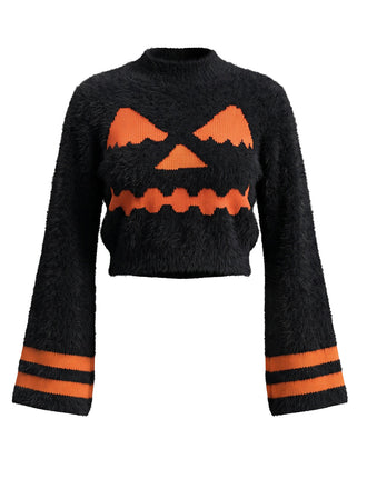 Schwarzer 70er Halloween Crop-Pullover mit Kürbisgesicht