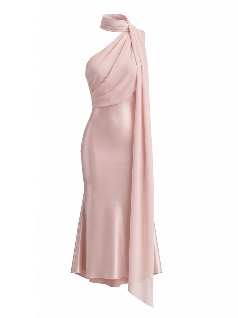 Orange & Rosa 30er Satin-Schal mit One-Shoulder